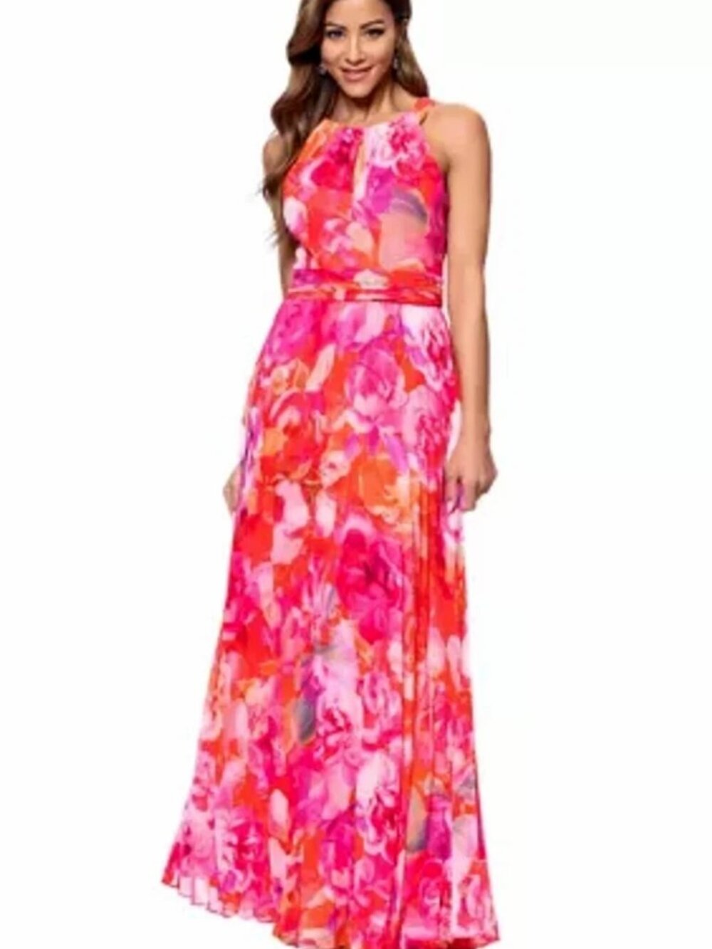 ✨NEW Eliza J Floral Print Pleated Halter Maxi Built In Bra Floral Print Dress 10